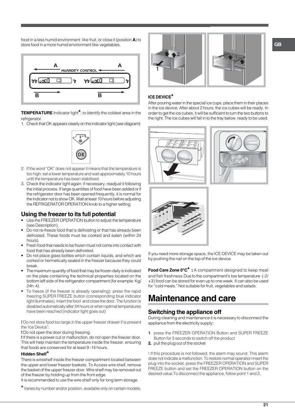 Maintenance and care, Using the freezer to its full potential, Switching the appliance off | Hotpoint Ariston E4D xx xx User Manual | Page 21 / 52