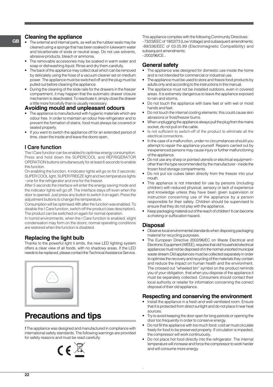 Precautions and tips, Cleaning the appliance, Avoiding mould and unpleasant odours | I care function, Replacing the light bulb, General safety, Disposal, Respecting and conserving the environment | Hotpoint Ariston E4D xx xx User Manual | Page 22 / 52