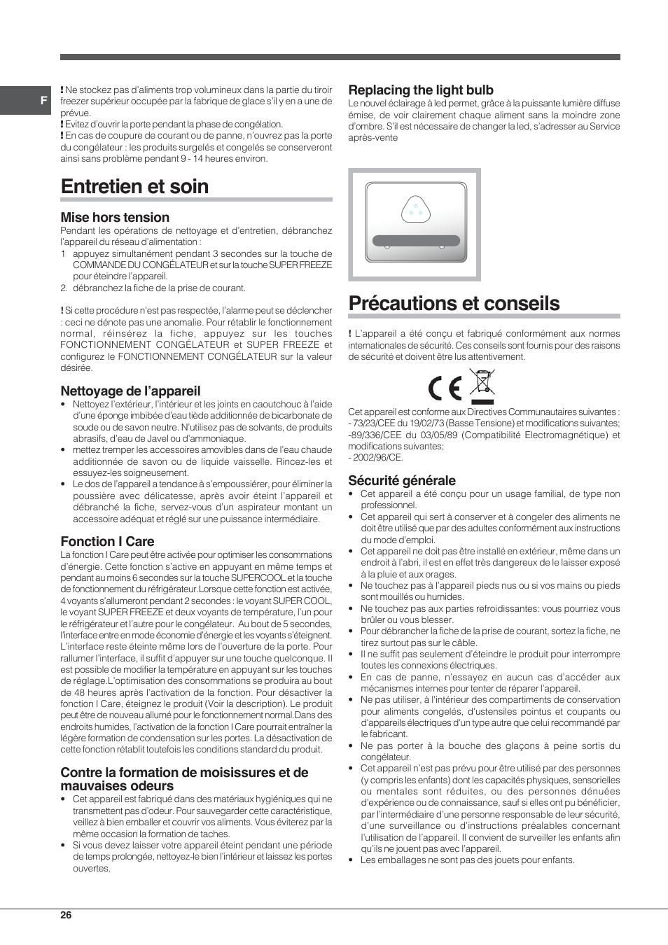 Entretien et soin, Précautions et conseils, Mise hors tension | Nettoyage de l’appareil, Fonction i care, Replacing the light bulb, Sécurité générale | Hotpoint Ariston E4D xx xx User Manual | Page 26 / 52