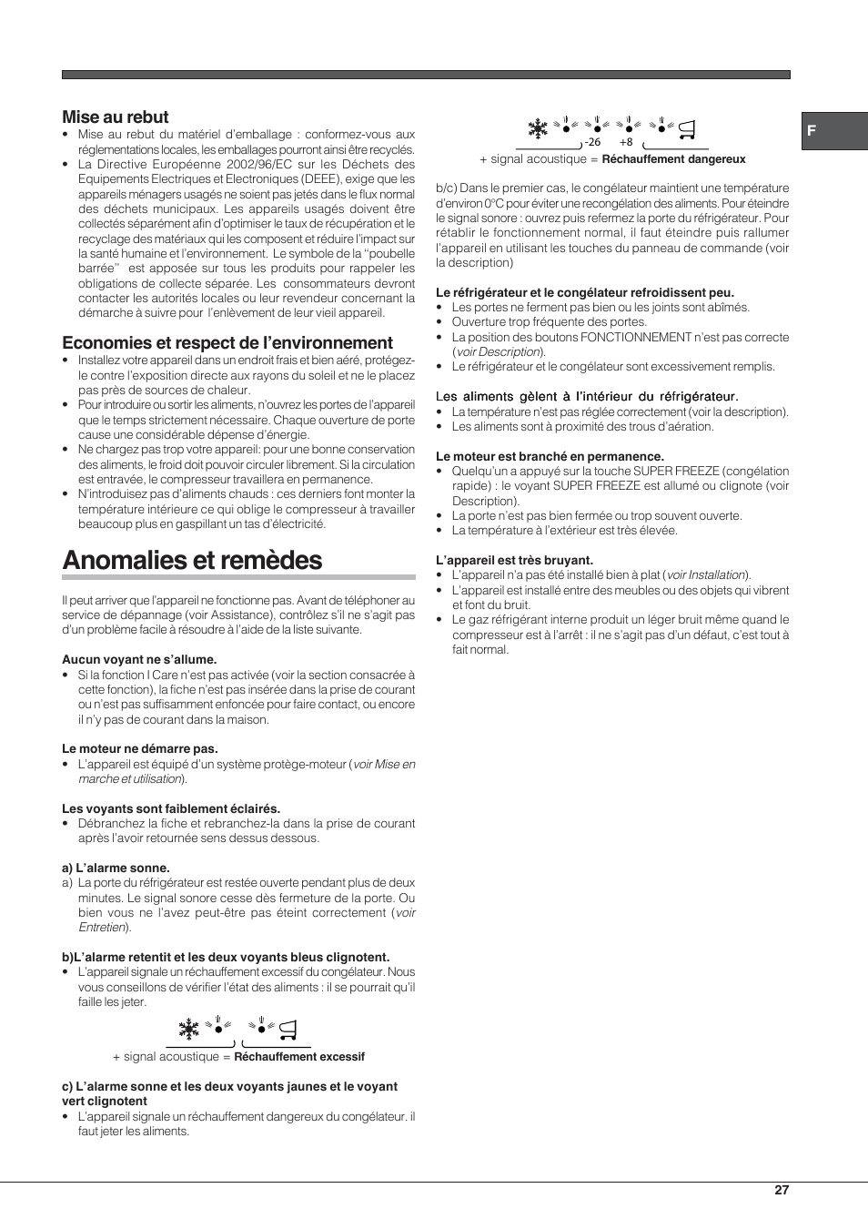 Anomalies et remèdes, Mise au rebut, Economies et respect de l’environnement | Hotpoint Ariston E4D xx xx User Manual | Page 27 / 52