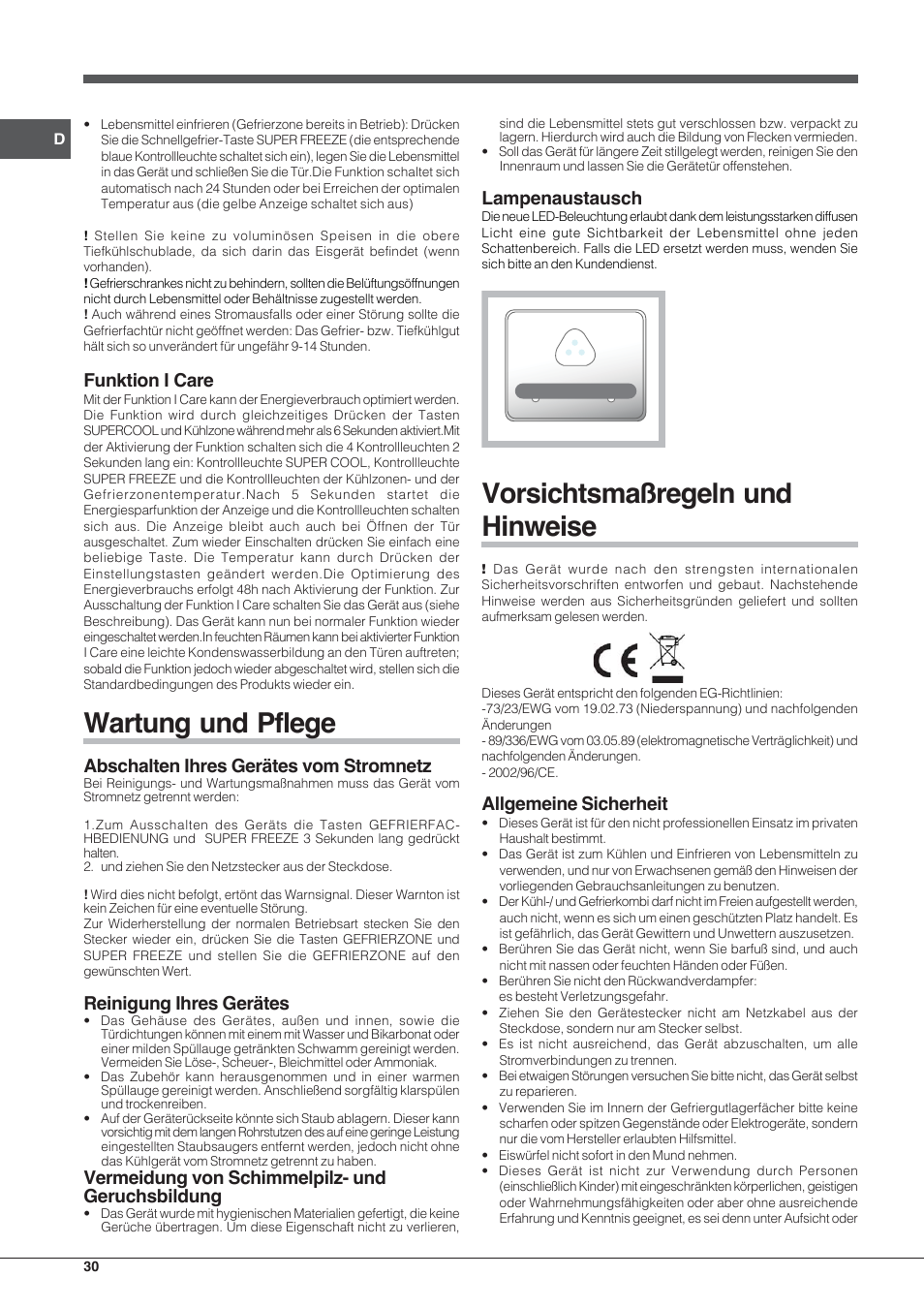 Wartung und pflege, Vorsichtsmaßregeln und hinweise, Funktion i care | Abschalten ihres gerätes vom stromnetz, Reinigung ihres gerätes, Vermeidung von schimmelpilz- und geruchsbildung, Lampenaustausch, Allgemeine sicherheit | Hotpoint Ariston E4D xx xx User Manual | Page 30 / 52