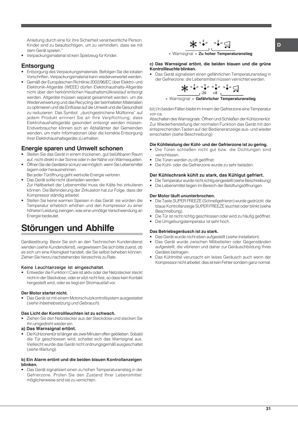 Störungen und abhilfe, Entsorgung, Energie sparen und umwelt schonen | Hotpoint Ariston E4D xx xx User Manual | Page 31 / 52