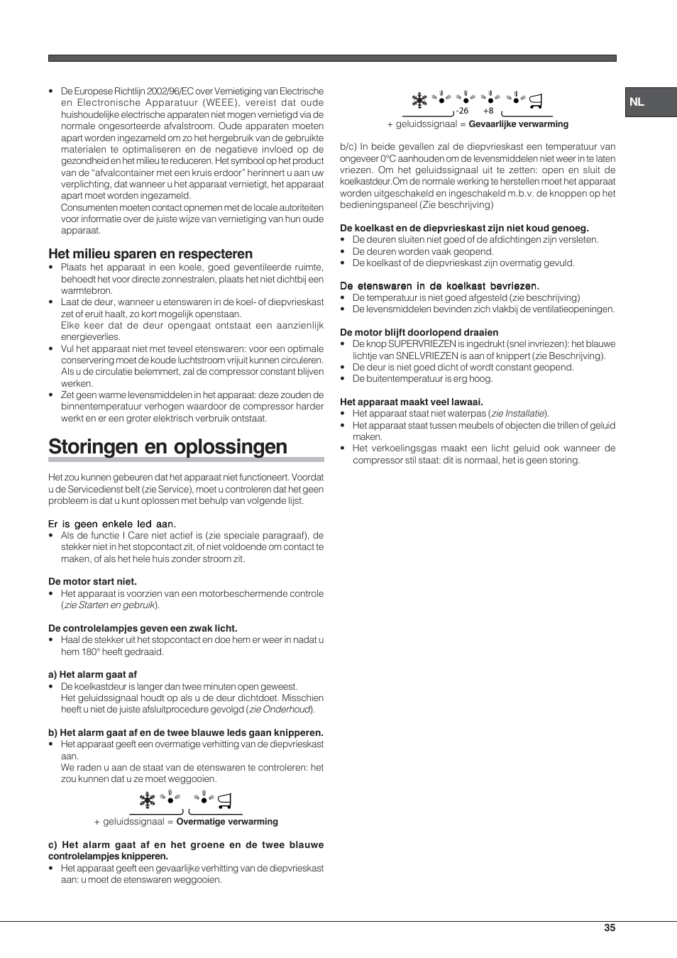 Storingen en oplossingen, Het milieu sparen en respecteren | Hotpoint Ariston E4D xx xx User Manual | Page 35 / 52