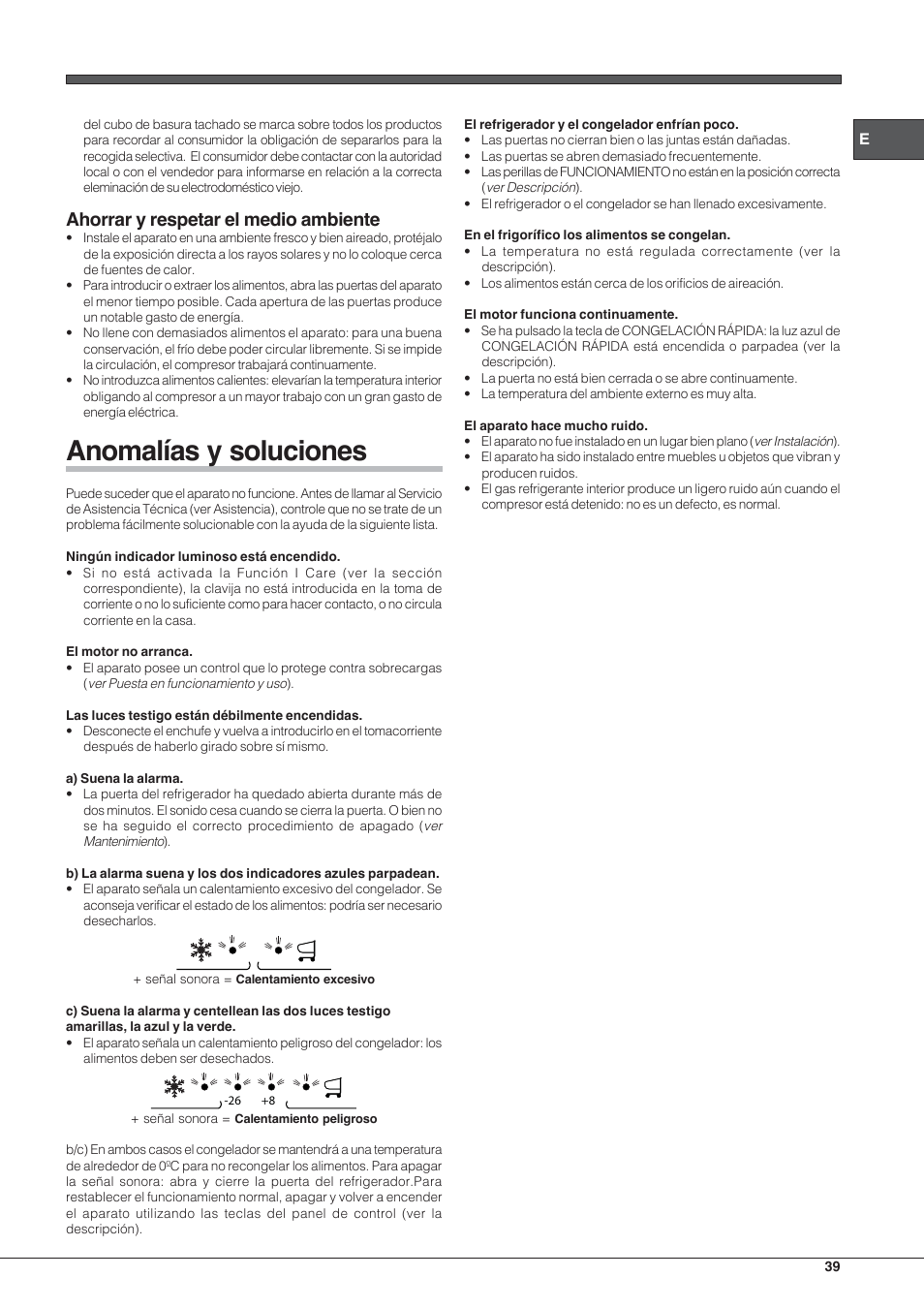 Anomalías y soluciones, Ahorrar y respetar el medio ambiente | Hotpoint Ariston E4D xx xx User Manual | Page 39 / 52