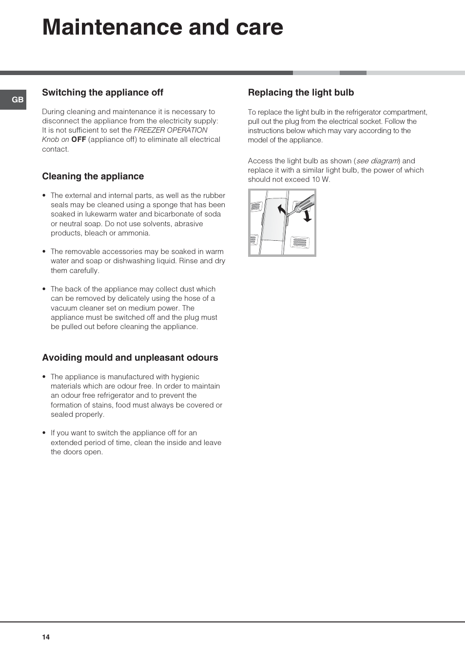 Maintenance and care | Hotpoint Ariston Doble puerta NMTM 1921 FWB-HA User Manual | Page 14 / 32