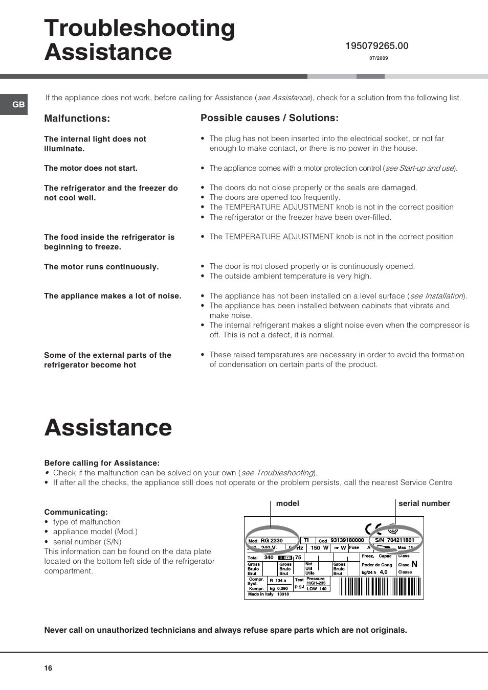 Troubleshooting assistance, Assistance | Hotpoint Ariston Doble puerta NMTM 1921 FWB-HA User Manual | Page 16 / 32