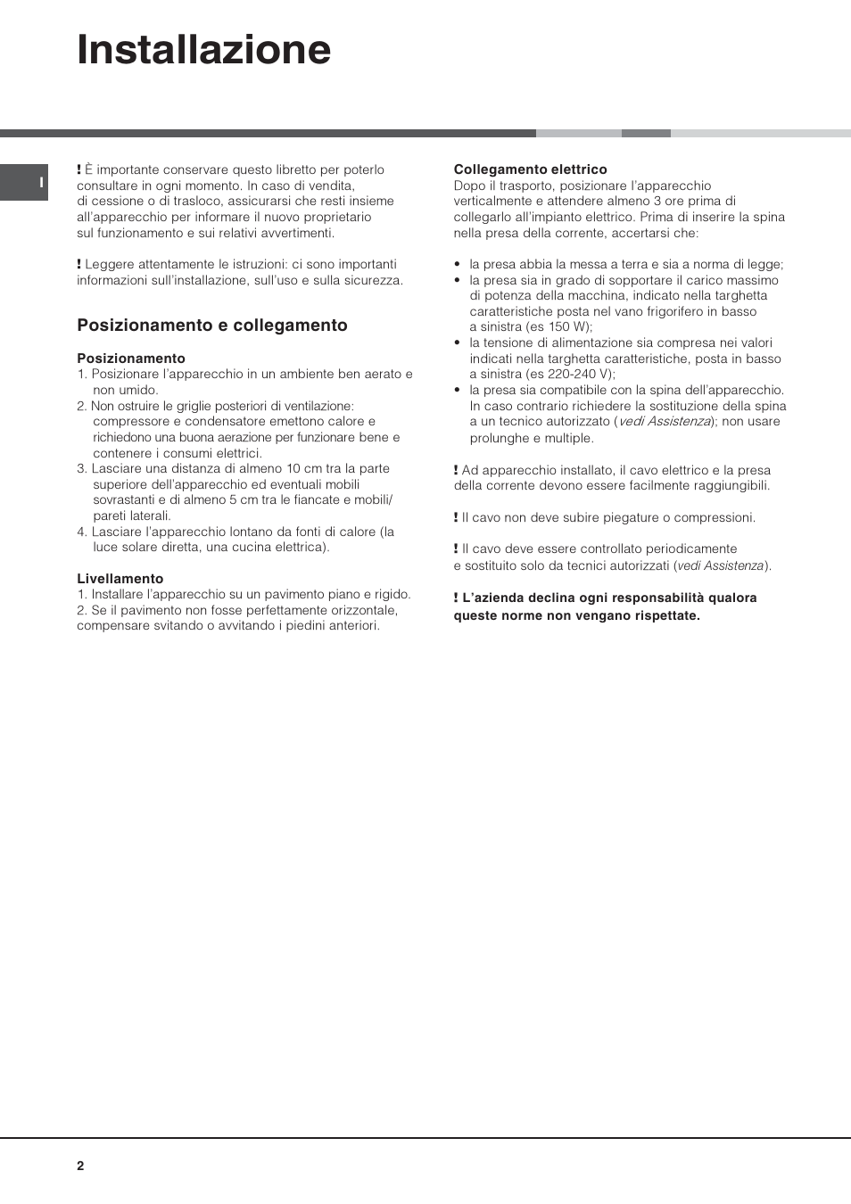 Installazione, Posizionamento e collegamento | Hotpoint Ariston Doble puerta NMTM 1921 FWB-HA User Manual | Page 2 / 32