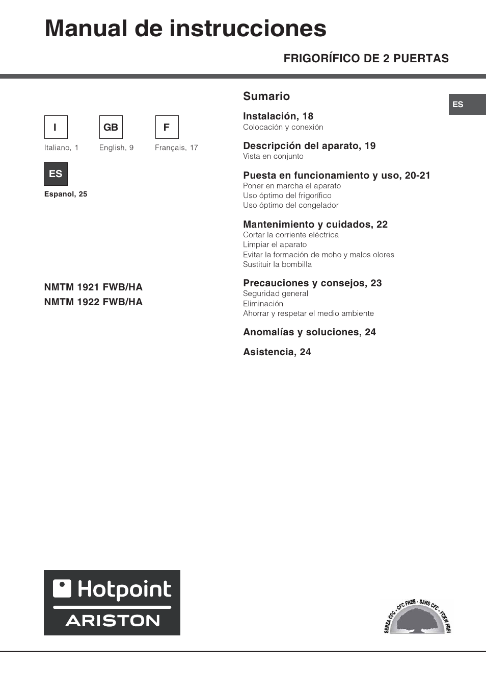 Manual de instrucciones, Frigorífico de 2 puertas sumario | Hotpoint Ariston Doble puerta NMTM 1921 FWB-HA User Manual | Page 25 / 32