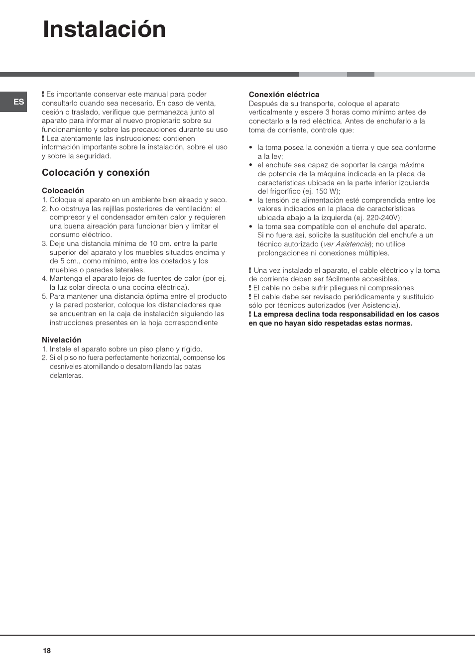Instalación, Colocación y conexión | Hotpoint Ariston Doble puerta NMTM 1921 FWB-HA User Manual | Page 26 / 32