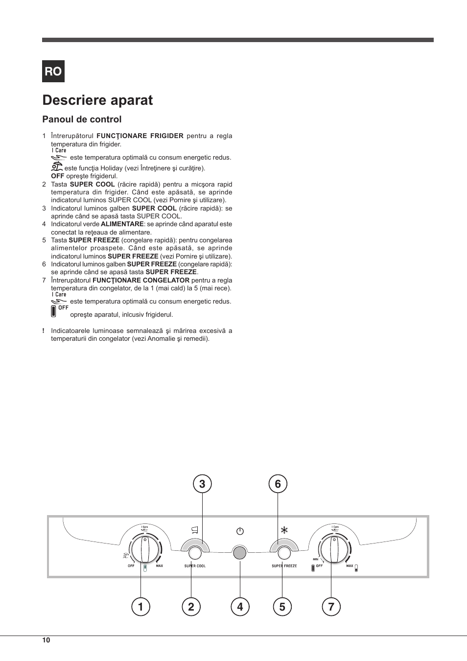 Descriere aparat, Panoul de control | Hotpoint Ariston SBLxxxxNF User Manual | Page 10 / 52