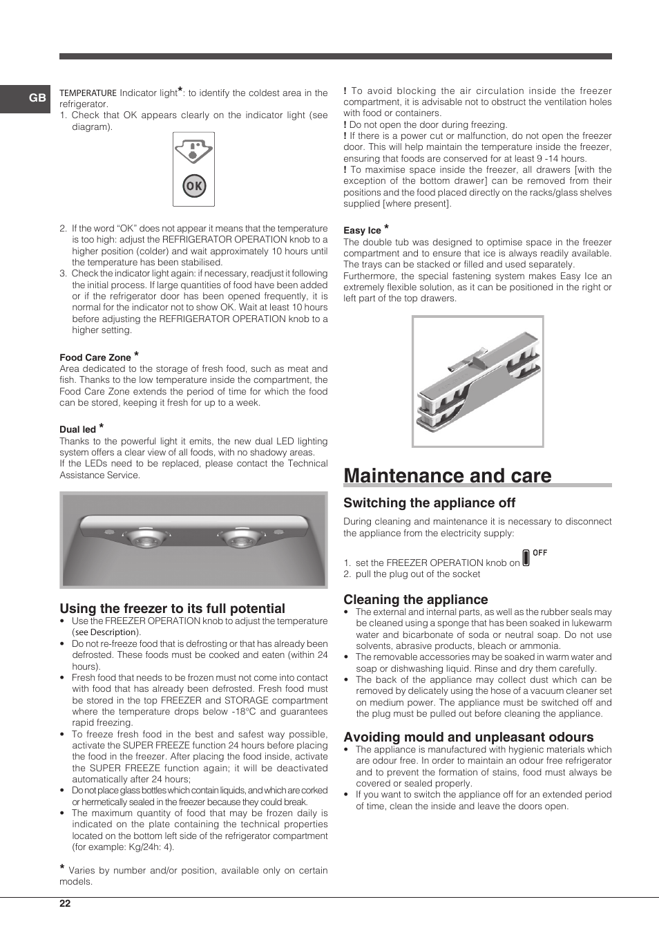 Maintenance and care, Using the freezer to its full potential, Switching the appliance off | Cleaning the appliance, Avoiding mould and unpleasant odours | Hotpoint Ariston SBLxxxxNF User Manual | Page 22 / 52