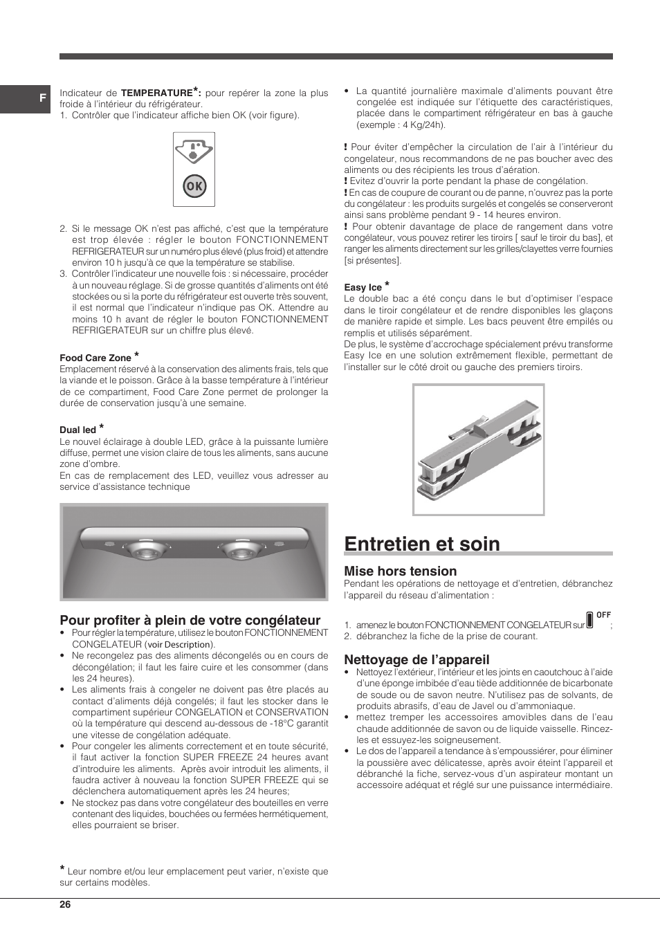 Entretien et soin, Pour profiter à plein de votre congélateur, Mise hors tension | Nettoyage de l’appareil | Hotpoint Ariston SBLxxxxNF User Manual | Page 26 / 52
