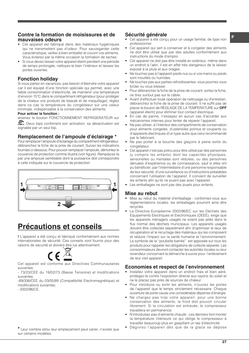 Précautions et conseils, Fonction holiday, Remplacement de l’ampoule d’éclairage | Sécurité générale, Mise au rebut, Economies et respect de l’environnement | Hotpoint Ariston SBLxxxxNF User Manual | Page 27 / 52