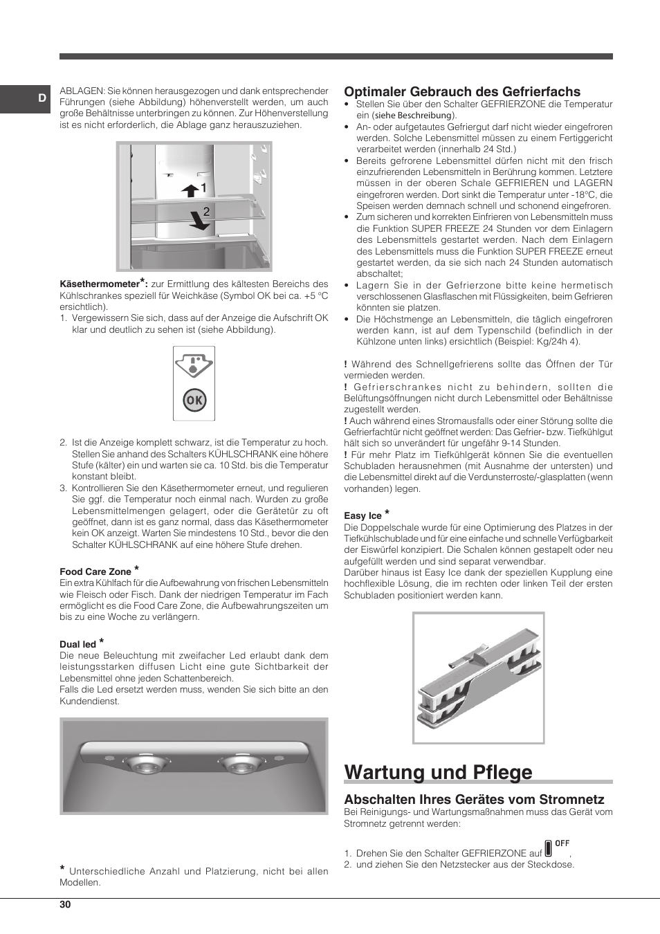 Wartung und pflege, Optimaler gebrauch des gefrierfachs, Abschalten ihres gerätes vom stromnetz | Hotpoint Ariston SBLxxxxNF User Manual | Page 30 / 52