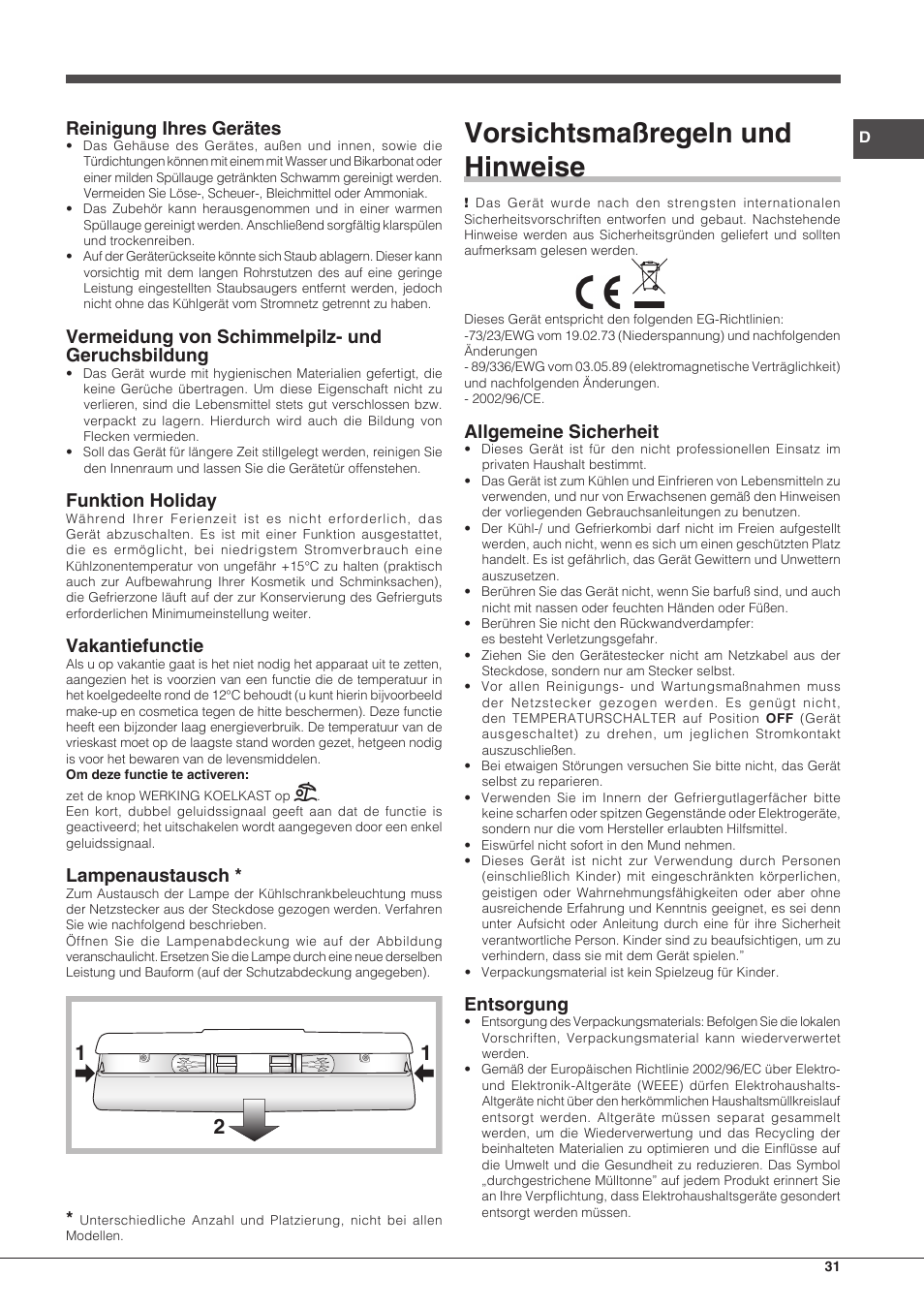 Vorsichtsmaßregeln und hinweise, Reinigung ihres gerätes, Vermeidung von schimmelpilz- und geruchsbildung | Funktion holiday, Vakantiefunctie, Lampenaustausch, Allgemeine sicherheit, Entsorgung | Hotpoint Ariston SBLxxxxNF User Manual | Page 31 / 52