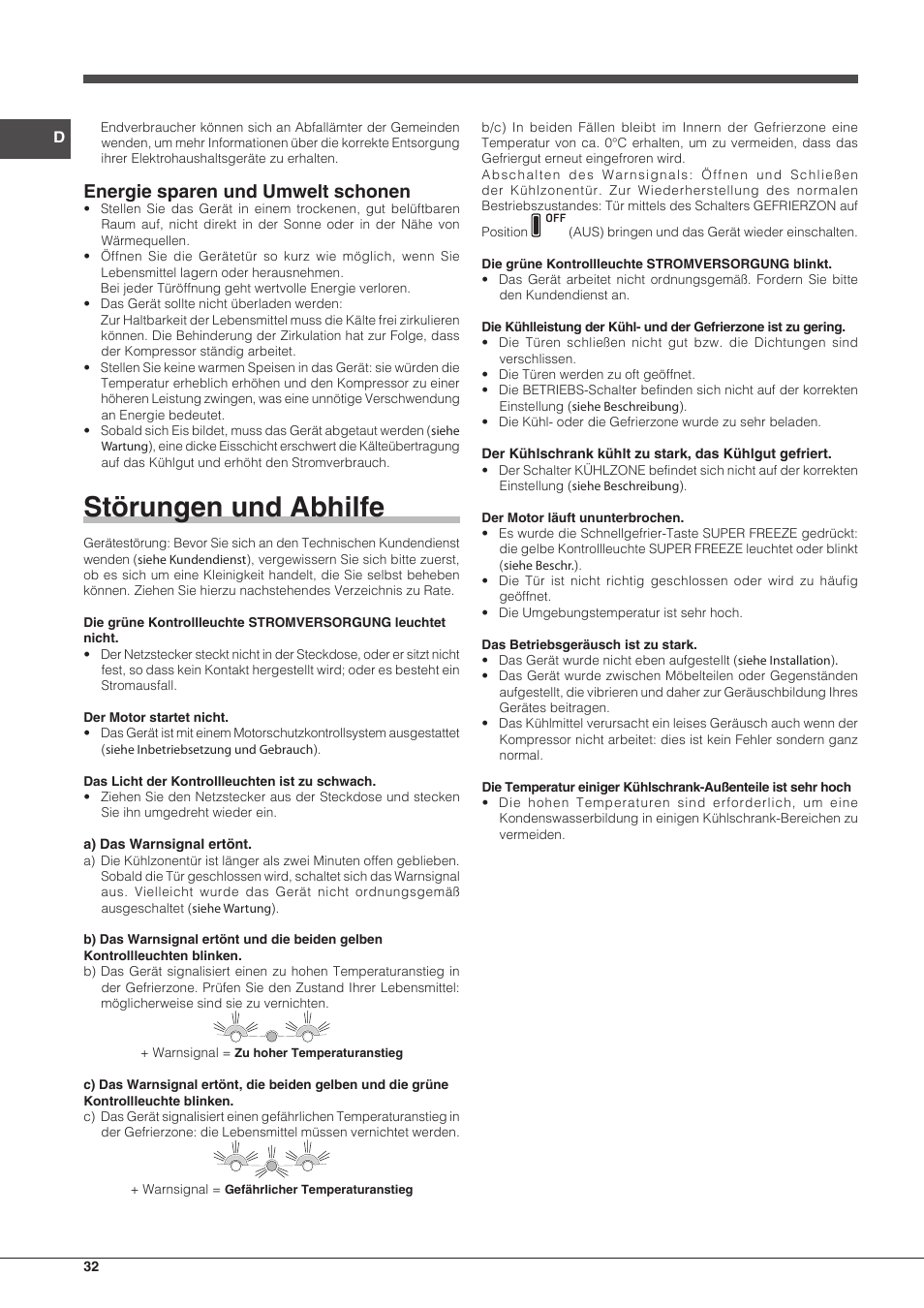 Störungen und abhilfe, Energie sparen und umwelt schonen | Hotpoint Ariston SBLxxxxNF User Manual | Page 32 / 52