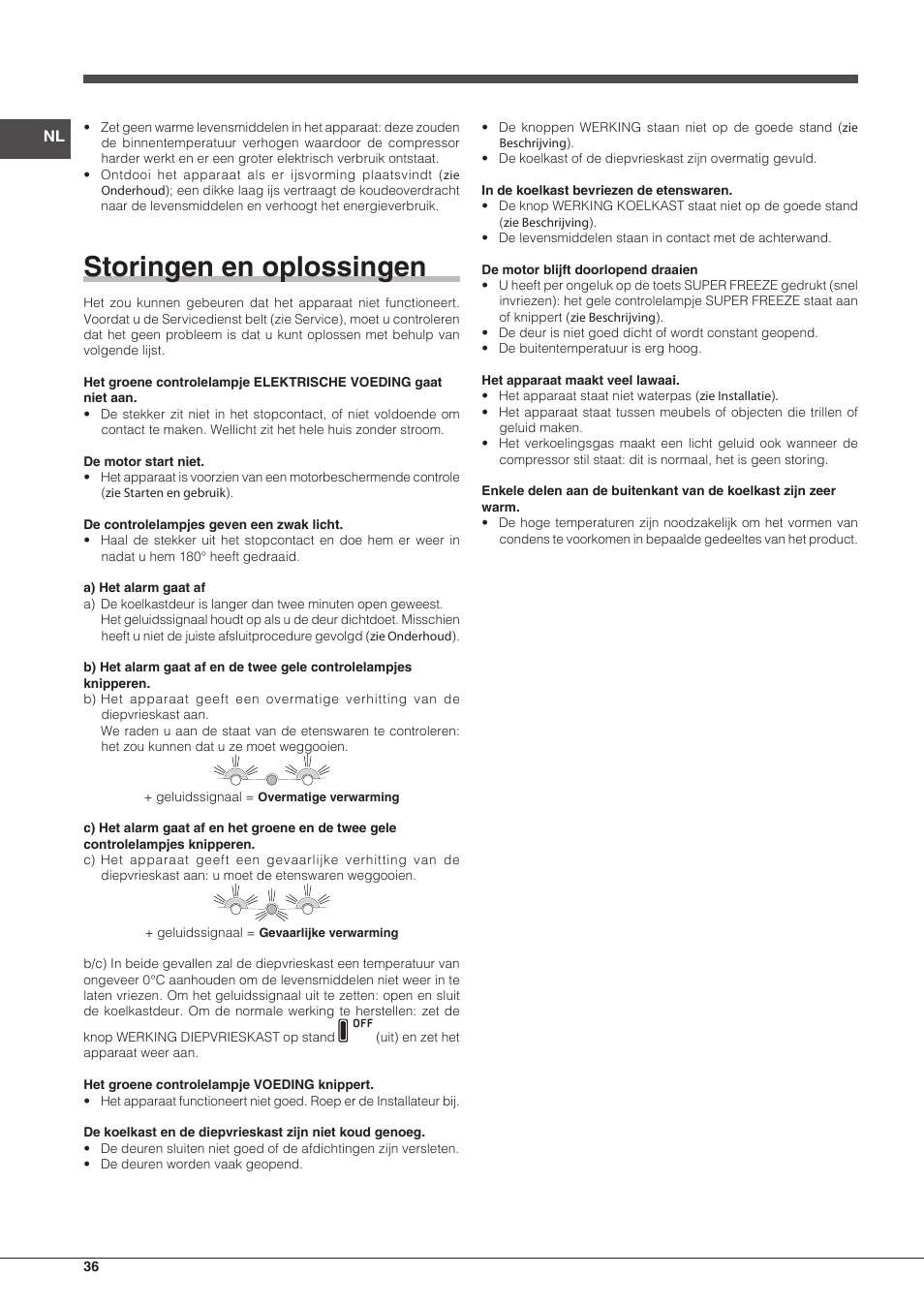 Storingen en oplossingen | Hotpoint Ariston SBLxxxxNF User Manual | Page 36 / 52
