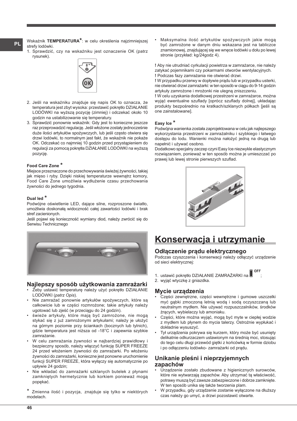 Konserwacja i utrzymanie, Najlepszy sposób użytkowania zamrażarki, Odłączenie prądu elektrycznego | Mycie urządzenia, Unikanie pleśni i nieprzyjemnych zapachów | Hotpoint Ariston SBLxxxxNF User Manual | Page 46 / 52