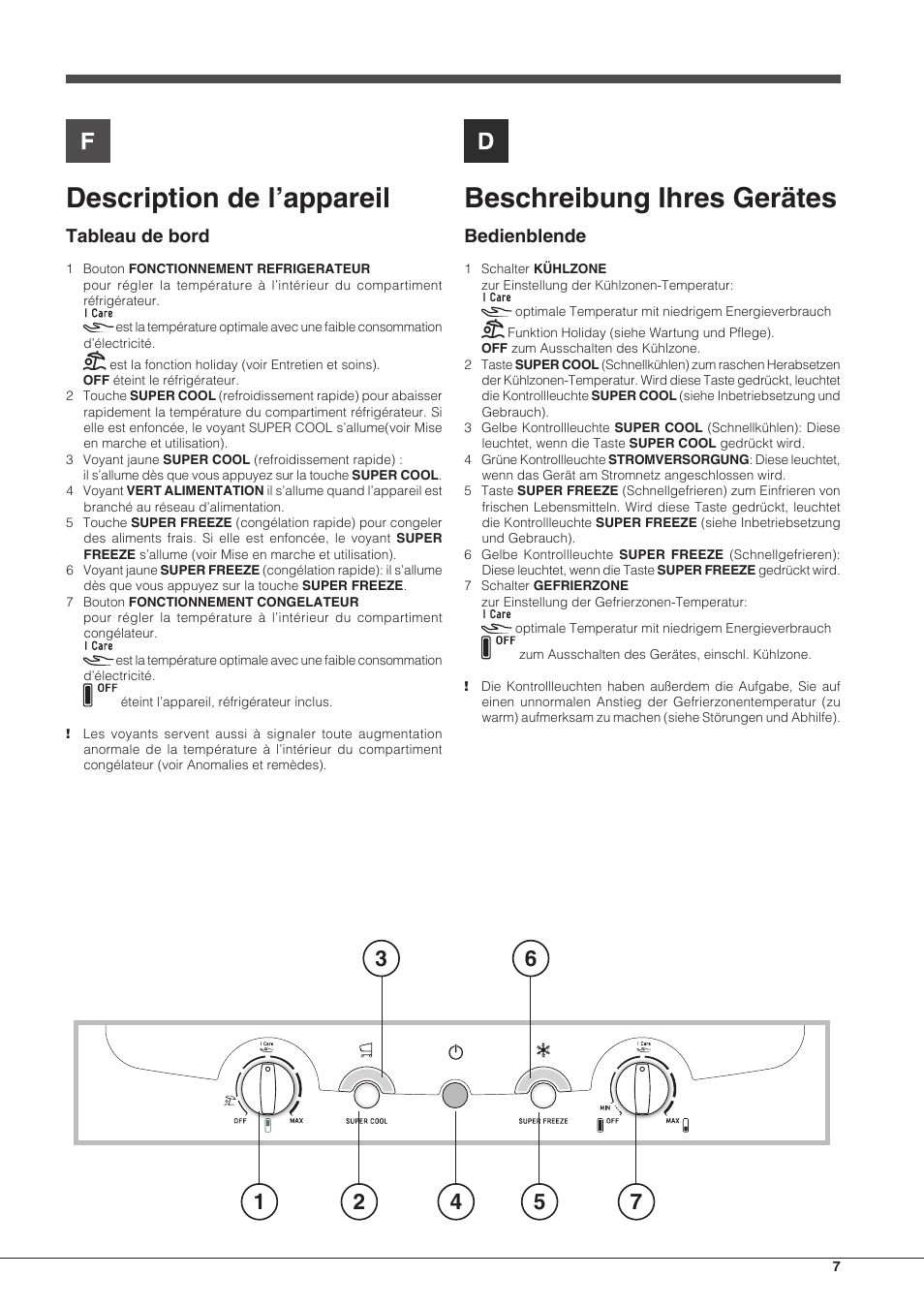 Description de l’appareil, Beschreibung ihres gerätes, Tableau de bord | Bedienblende | Hotpoint Ariston SBLxxxxNF User Manual | Page 7 / 52