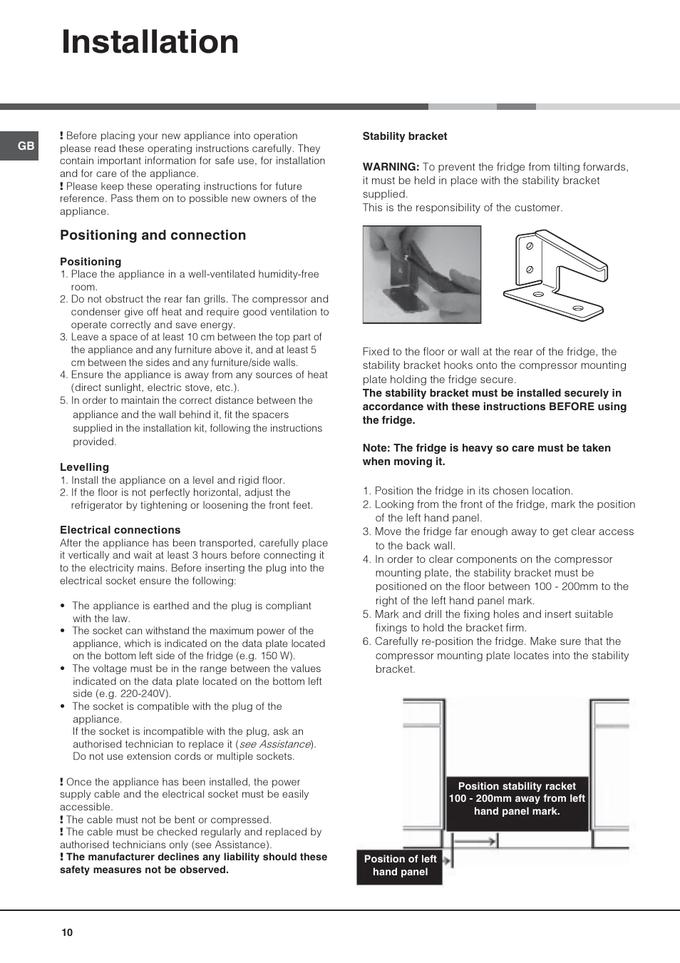 Installation, Positioning and connection | Hotpoint Ariston Una puerta SDS 1722 J-HA User Manual | Page 10 / 88