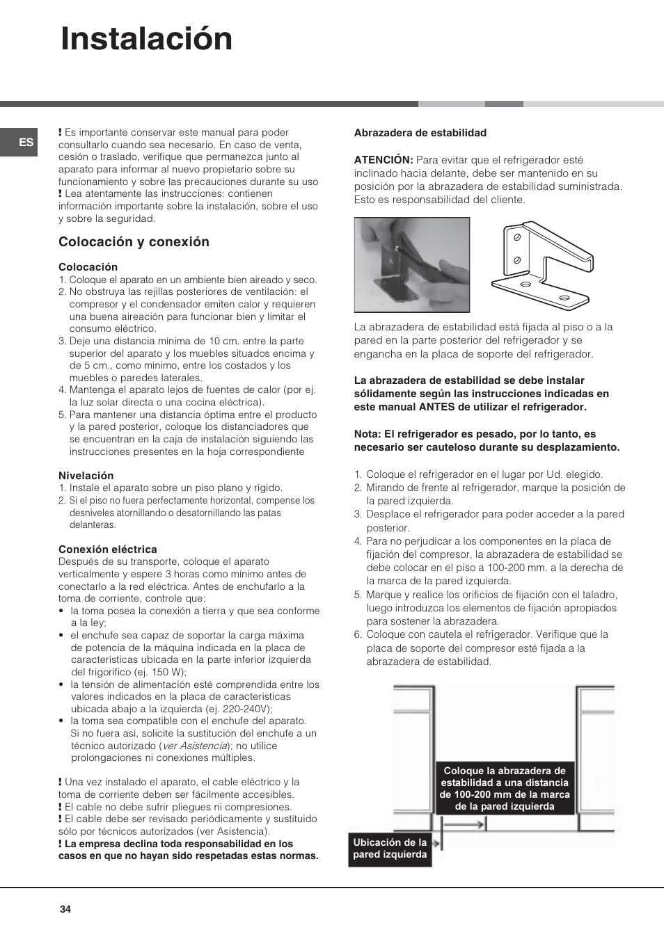 Instalación, Colocación y conexión | Hotpoint Ariston Una puerta SDS 1722 J-HA User Manual | Page 34 / 88