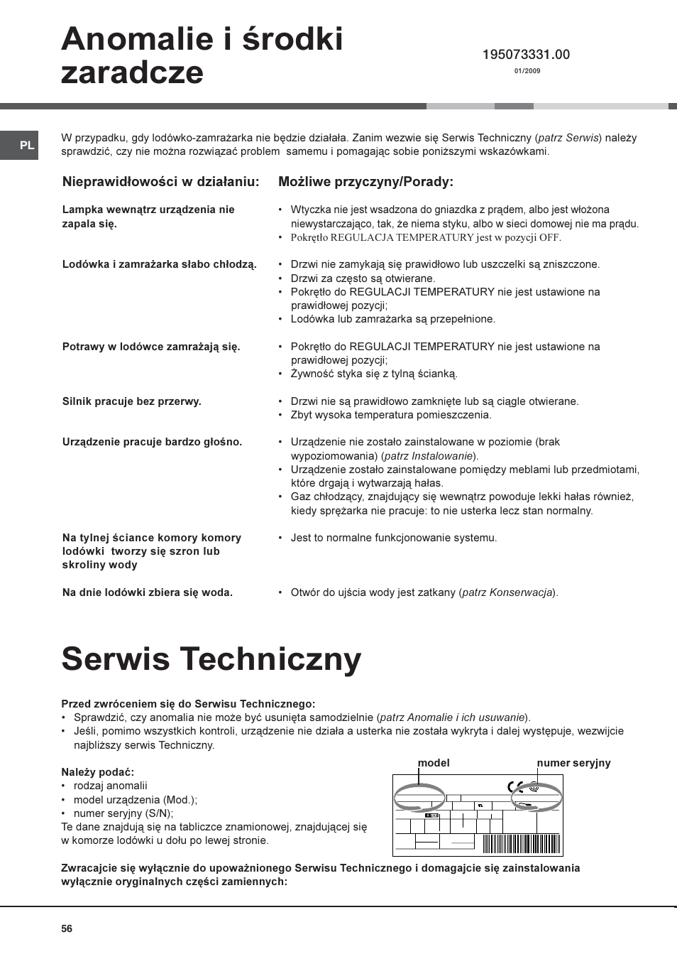 Serwis techniczny, Anomalie i rodki zaradcze, Mo¿liwe przyczyny/porady | Nieprawid³owoci w dzia³aniu | Hotpoint Ariston Una puerta SDS 1722 J-HA User Manual | Page 56 / 88