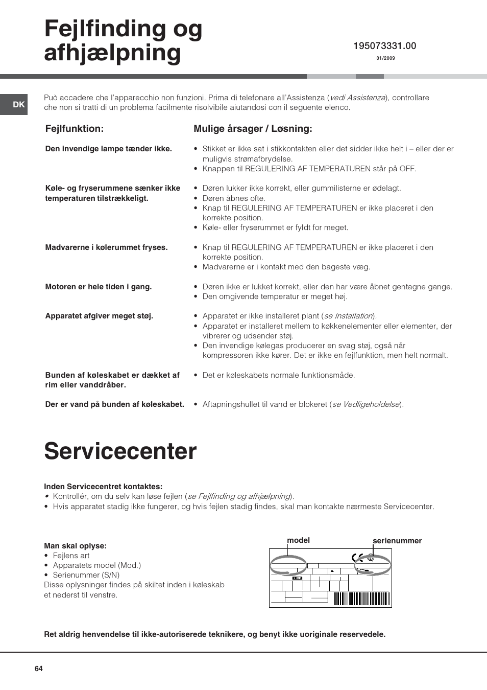 Servicecenter fejlfinding og afhjælpning, Mulige årsager / løsning, Fejlfunktion | Hotpoint Ariston Una puerta SDS 1722 J-HA User Manual | Page 64 / 88