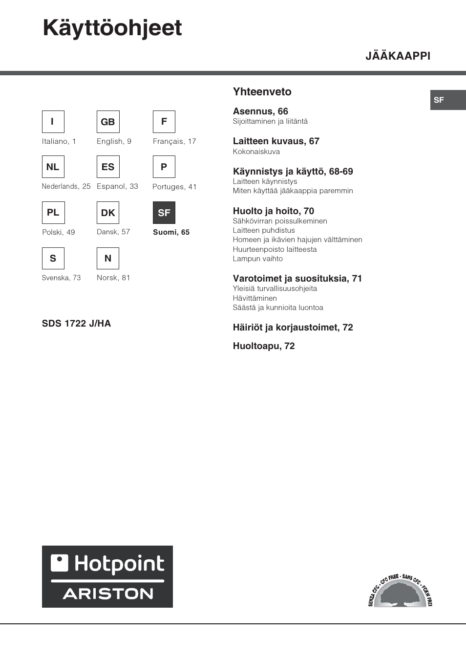 Käyttöohjeet, Jääkaappi, Yhteenveto | Hotpoint Ariston Una puerta SDS 1722 J-HA User Manual | Page 65 / 88