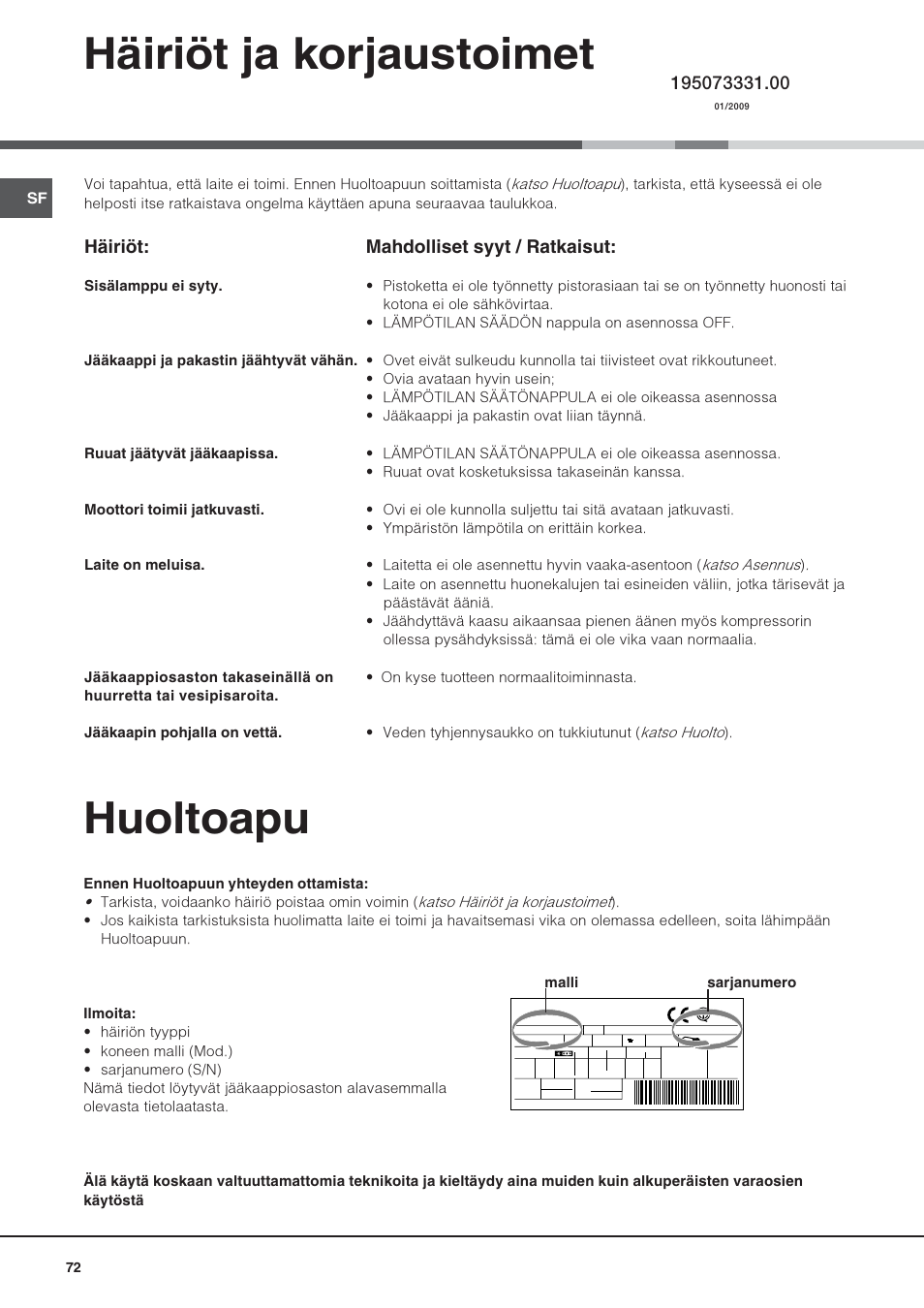 Huoltoapu, Häiriöt ja korjaustoimet, Häiriöt | Mahdolliset syyt / ratkaisut | Hotpoint Ariston Una puerta SDS 1722 J-HA User Manual | Page 72 / 88