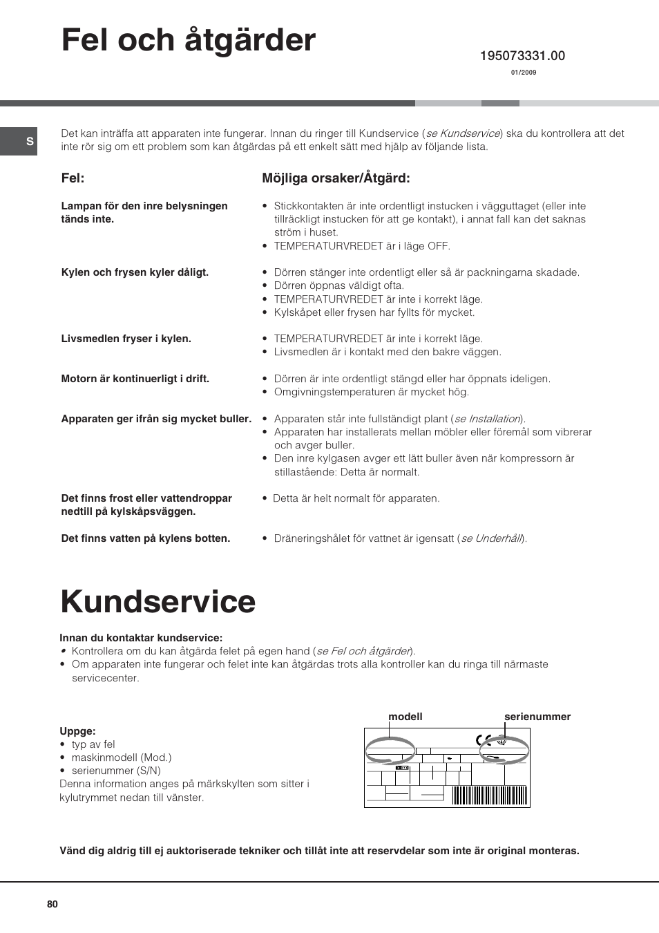 Kundservice, Fel och åtgärder, Möjliga orsaker/åtgärd | Hotpoint Ariston Una puerta SDS 1722 J-HA User Manual | Page 80 / 88