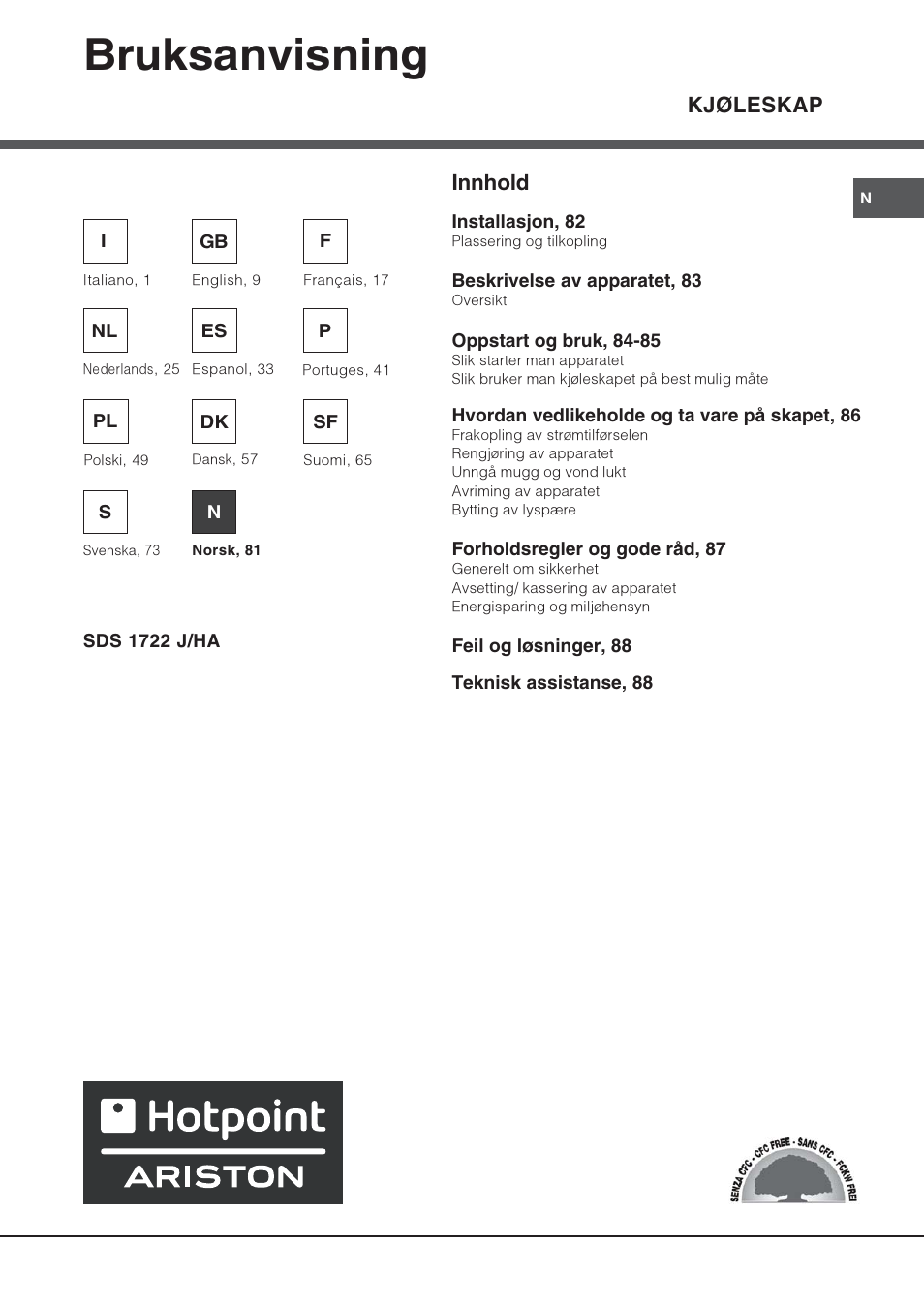 Bruksanvisning, Kjøleskap, Innhold | Hotpoint Ariston Una puerta SDS 1722 J-HA User Manual | Page 81 / 88