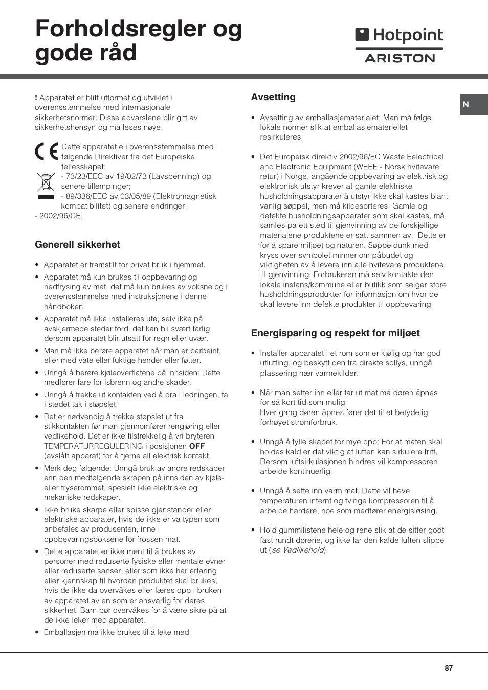 Forholdsregler og gode råd | Hotpoint Ariston Una puerta SDS 1722 J-HA User Manual | Page 87 / 88