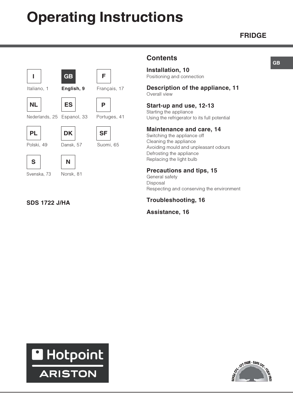 Operating instructions, Fridge contents | Hotpoint Ariston Una puerta SDS 1722 J-HA User Manual | Page 9 / 88