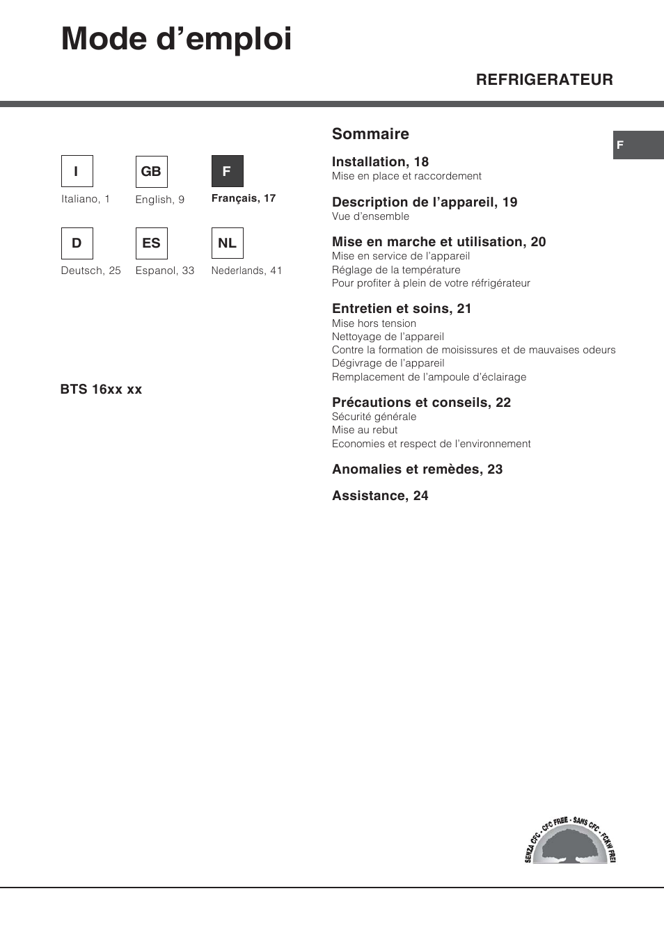 65253fr, Mode d’emploi, Refrigerateur | Sommaire | Hotpoint Ariston Bajo encimera BTS 1622-HA User Manual | Page 17 / 48