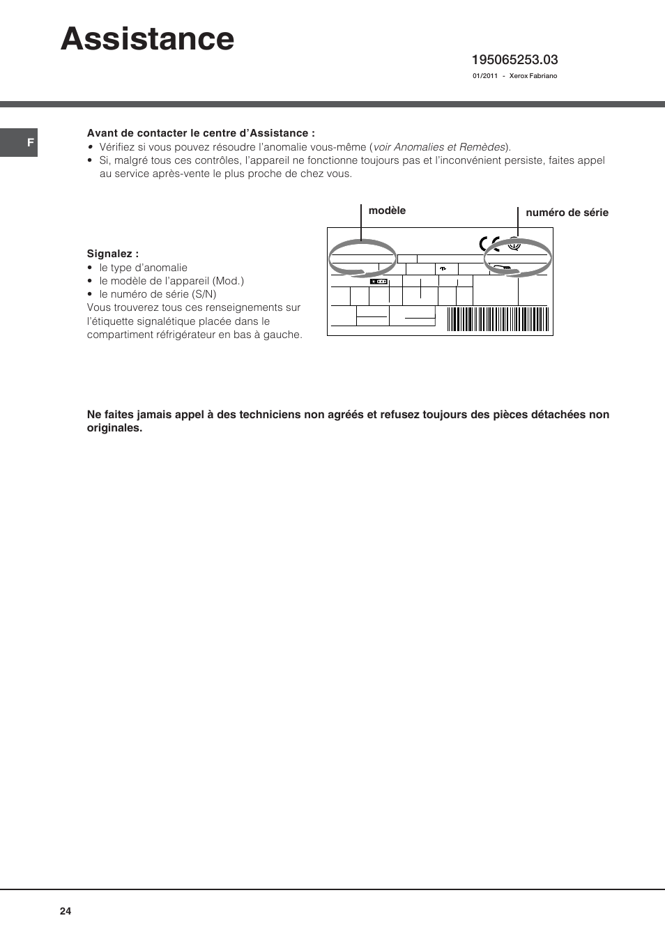 Assistance, Modèle numéro de série | Hotpoint Ariston Bajo encimera BTS 1622-HA User Manual | Page 24 / 48