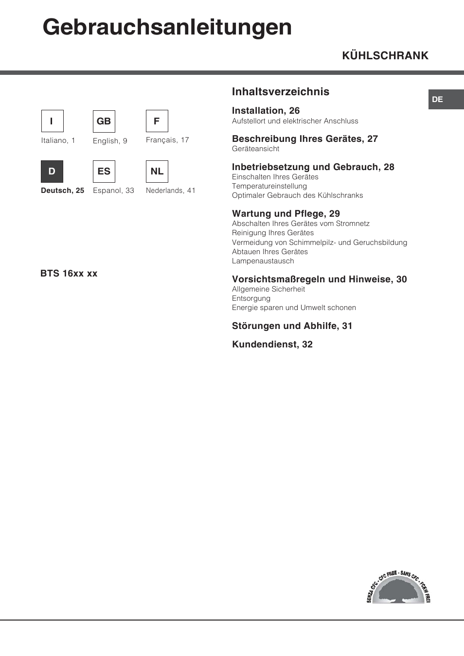 65253de, Gebrauchsanleitungen, Kühlschrank inhaltsverzeichnis | Hotpoint Ariston Bajo encimera BTS 1622-HA User Manual | Page 25 / 48