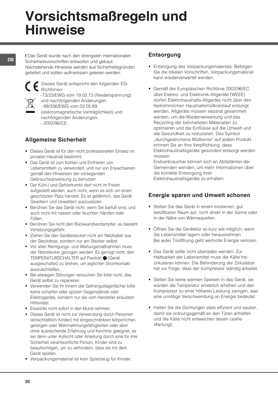 Vorsichtsmaßregeln und hinweise | Hotpoint Ariston Bajo encimera BTS 1622-HA User Manual | Page 30 / 48