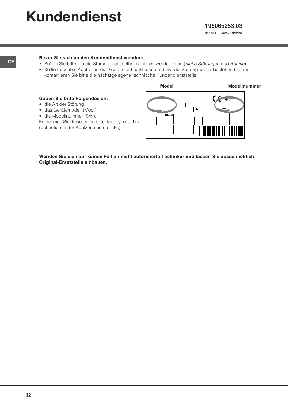 Kundendienst, Modell modellnummer | Hotpoint Ariston Bajo encimera BTS 1622-HA User Manual | Page 32 / 48