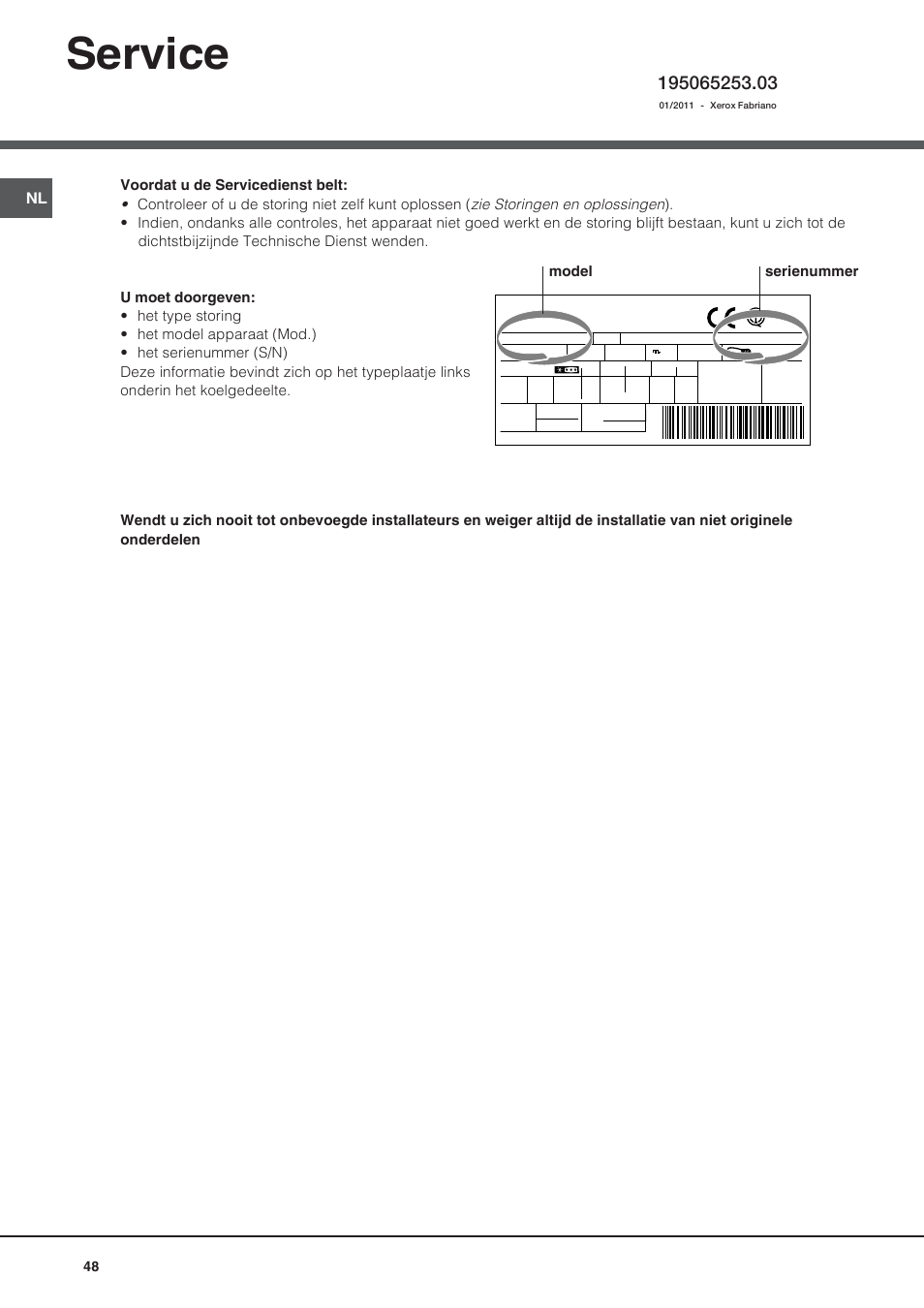 Service, Model serienummer | Hotpoint Ariston Bajo encimera BTS 1622-HA User Manual | Page 48 / 48