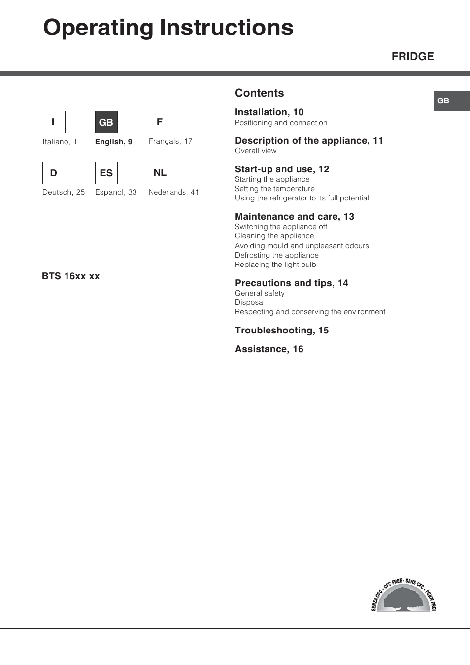 65253gb, Operating instructions, Fridge contents | Hotpoint Ariston Bajo encimera BTS 1622-HA User Manual | Page 9 / 48