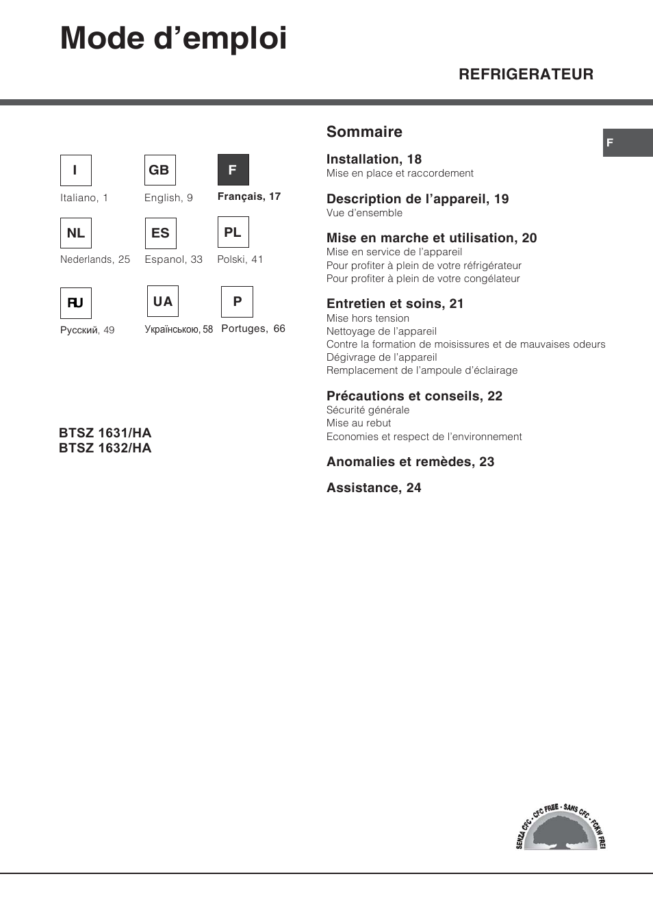 65328fr, Mode d’emploi, Refrigerateur | Sommaire | Hotpoint Ariston Bajo encimera BTSZ 1632-HA User Manual | Page 17 / 72