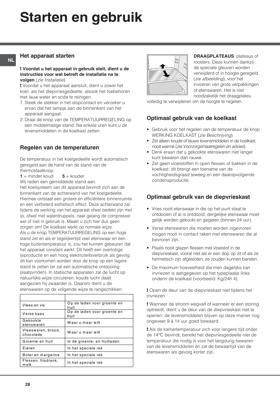 Starten en gebruik, Het apparaat starten, Regelen van de temperaturen | Optimaal gebruik van de koelkast, Optimaal gebruik van de diepvrieskast | Hotpoint Ariston Bajo encimera BTSZ 1632-HA User Manual | Page 28 / 72