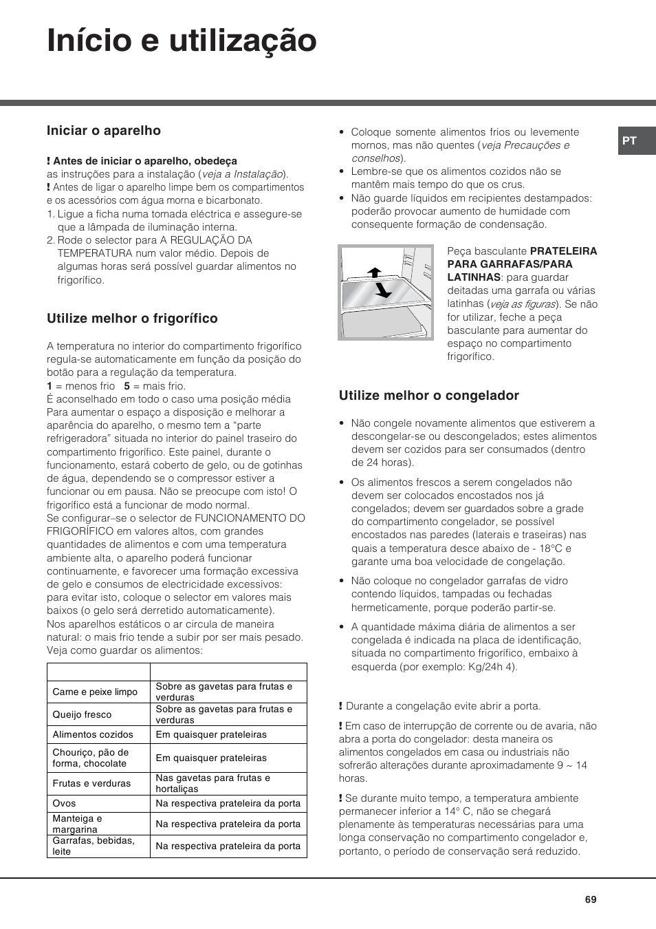 Início e utilização, Iniciar o aparelho, Utilize melhor o frigorífico | Utilize melhor o congelador | Hotpoint Ariston Bajo encimera BTSZ 1632-HA User Manual | Page 69 / 72
