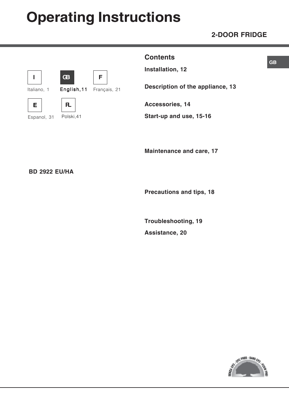 Operating instructions, Door fridge contents | Hotpoint Ariston Doble puerta BD 2922 EU-HA User Manual | Page 11 / 52