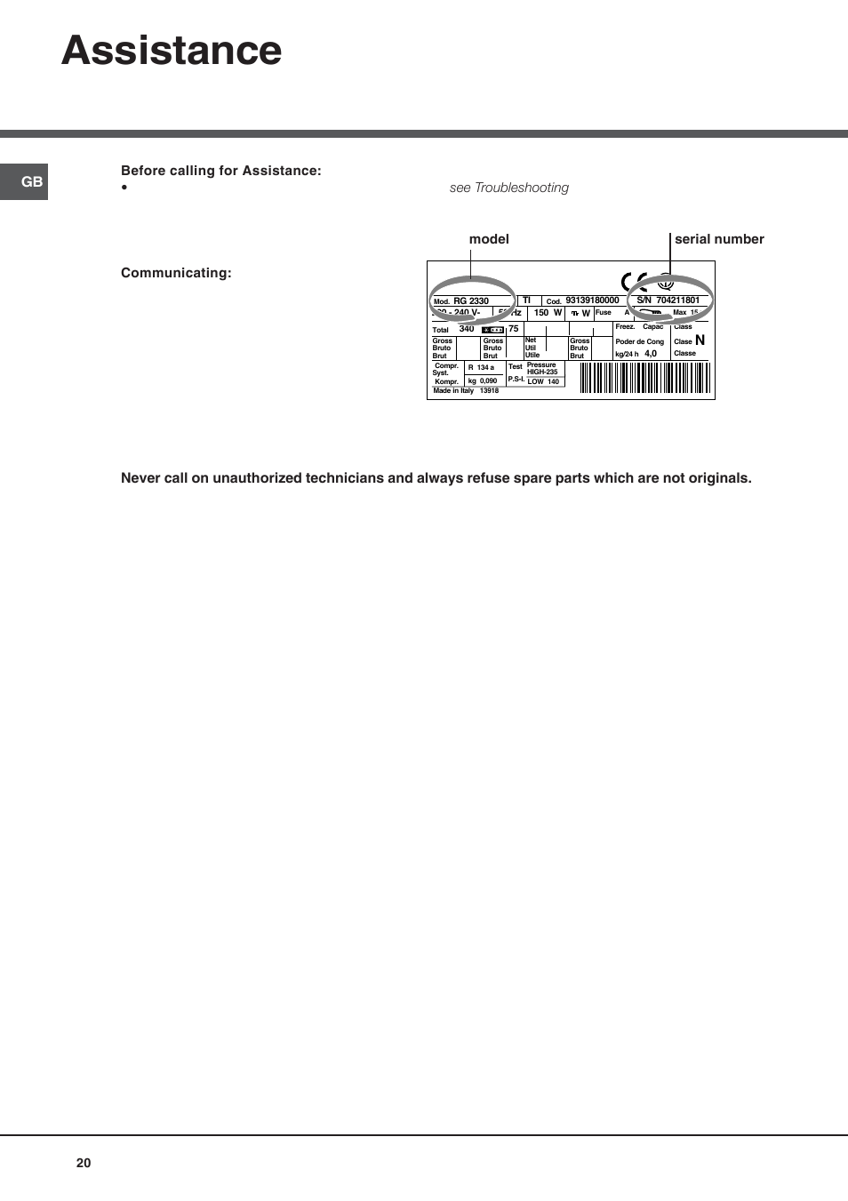 Assistance, Model serial number | Hotpoint Ariston Doble puerta BD 2922 EU-HA User Manual | Page 20 / 52