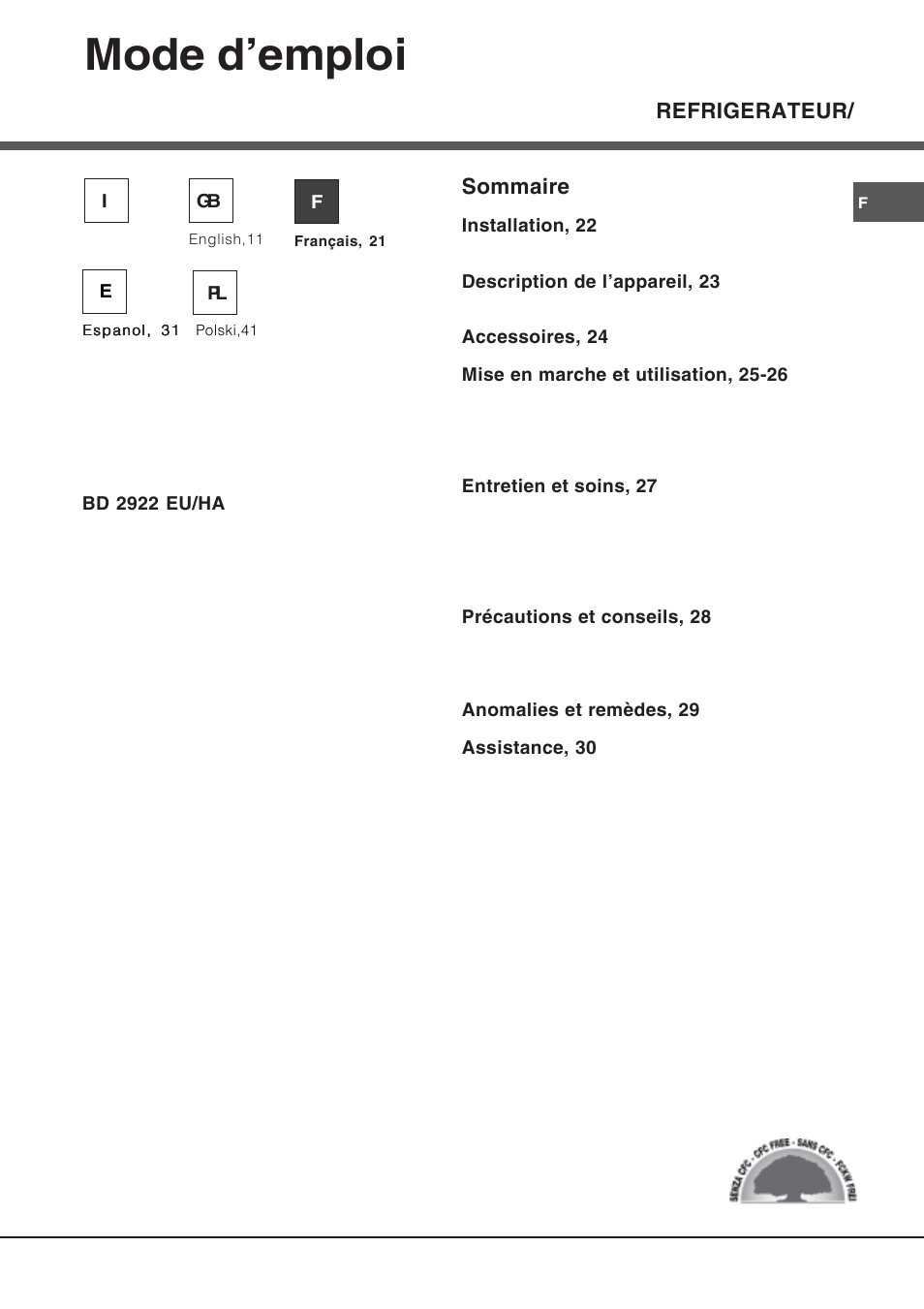 Mode d’emploi, Refrigerateur, Sommaire | Hotpoint Ariston Doble puerta BD 2922 EU-HA User Manual | Page 21 / 52