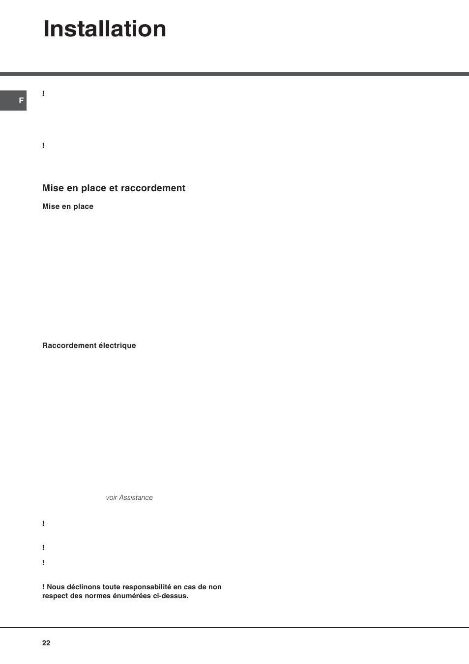 Installation, Mise en place et raccordement | Hotpoint Ariston Doble puerta BD 2922 EU-HA User Manual | Page 22 / 52