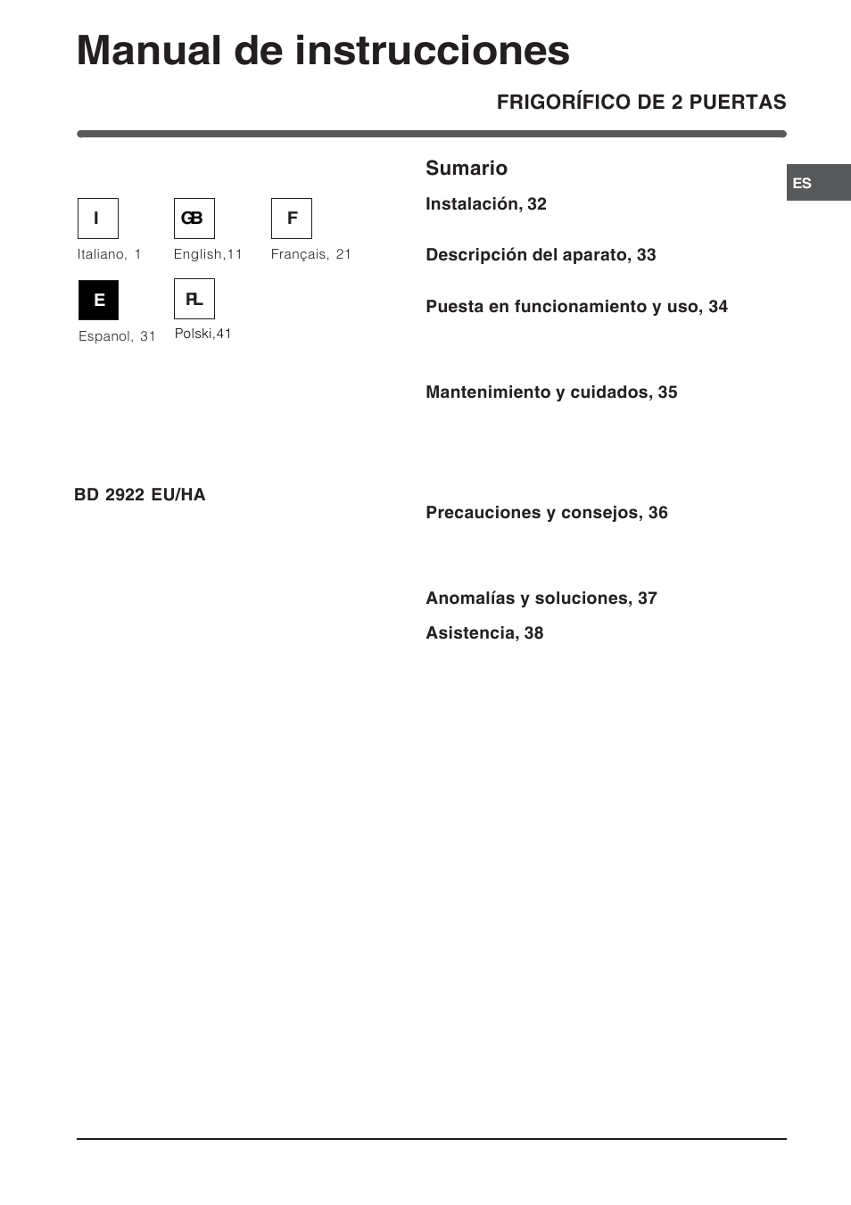 Manual de instrucciones | Hotpoint Ariston Doble puerta BD 2922 EU-HA User Manual | Page 31 / 52