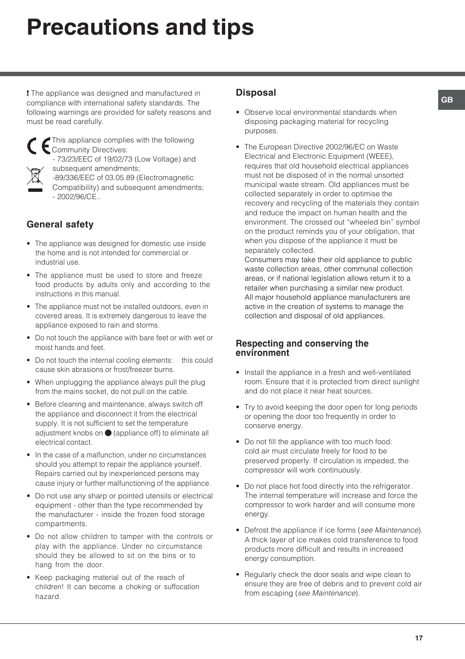 Precautions and tips | Hotpoint Ariston BS 30 series User Manual | Page 17 / 48