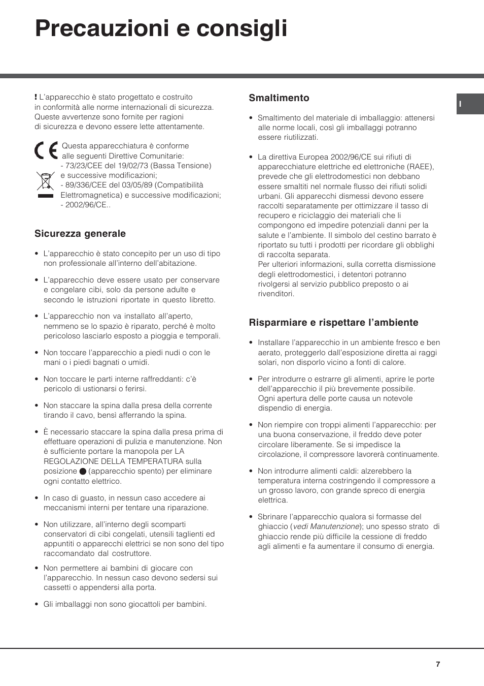 Precauzioni e consigli | Hotpoint Ariston BS 30 series User Manual | Page 7 / 48